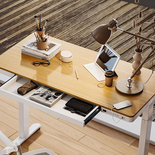 FLEXISPOT Electric Standing Desk with Drawer Storage Adjustable Height Quick Assembly Table w/USB Charge Ports, Child Lock (Natural Desktop + White Frame)