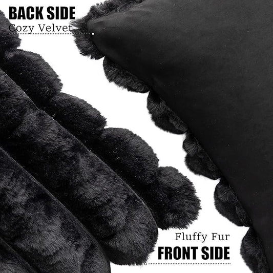 Neelvin Black Faux Fur Cozy Soft Plaid Decorative Throw Pillow Covers 16x16 inch Set of 2,Velvet Pillowcase Cushion Case for Sofa Couch