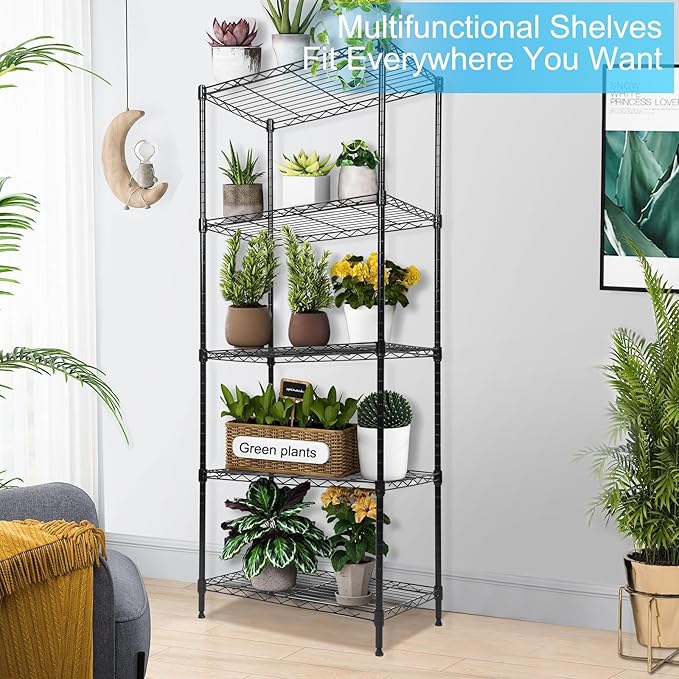 Whitmor 5 Tier Shelving Unit, Adjustable Storage Shelves with Wheels, Wire Shelving, 400 lbs Capacity per Shelf, Max 2000 lbs Total for Laundry, Garage, Plant, 21" L x 12" W x 54" H, Black