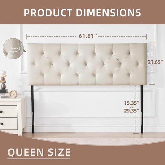 Linen Fabric Upholstered Headboard Queen Size, Modern Diamond Tufting Solid Wood Queen Headboard Only, Adjustable Height from 37β to 51β Head Board, Bed Frame or Wall Mount Headboards, Beige