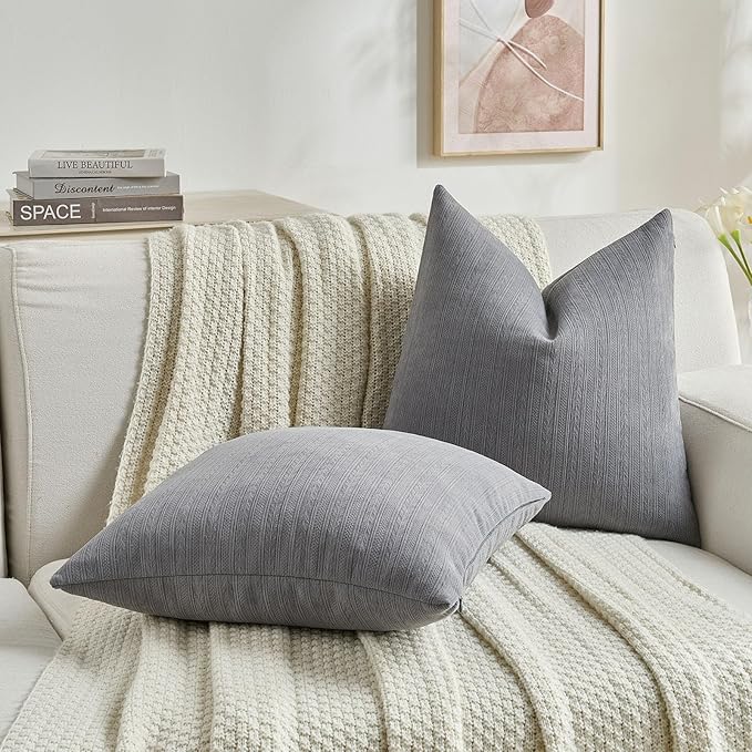 FUTEI Dark Grey Decorative Throw Pillow Covers 16x16 Inch Set of 2,Soft Cozy Wheat Ear Striped Patterns Cushion Cases,Modern Home Decor for Couch Bed Living Room