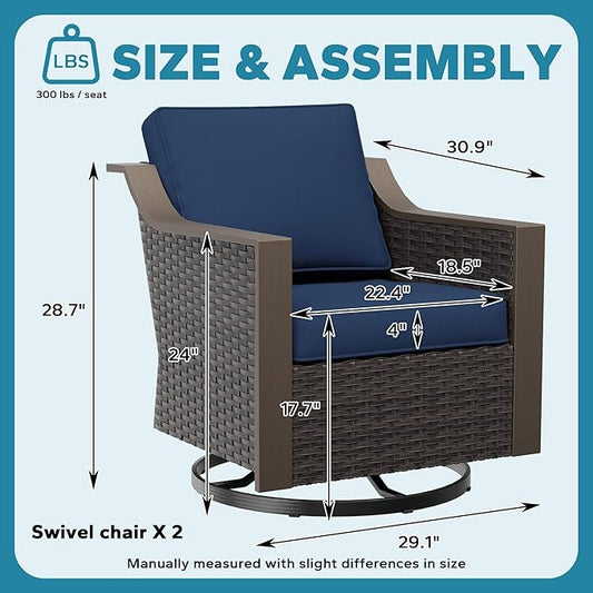 Patio Swivel Chairs Set of 2, Metal Wicker Conversation Furniture Set, Upholstered & 360 Degree Glider Rockers Armchairs, PE Rattan, Metal armrests, Terrace (Navy Blue)