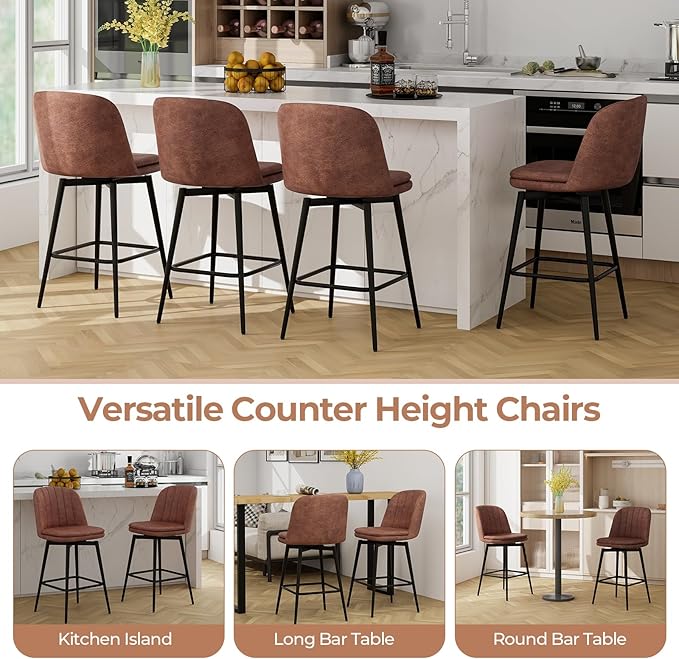 COSTWAY Bar Stool Set of 2, 27 Inch Swivel Counter Height Chair with Padded Seat, Metal Legs & Footrest, PU Leather Bar Chair for Kitchen Island (2)