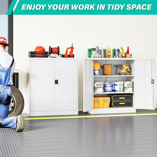 SISESOL Small Metal Cabinet with Shelves,36 inch Garage Storage Cabinet with Lock,White Metal Storage Cabinets with Locking Doors,Lockable Office File Cabinets for Home,Office,Shop,Garage