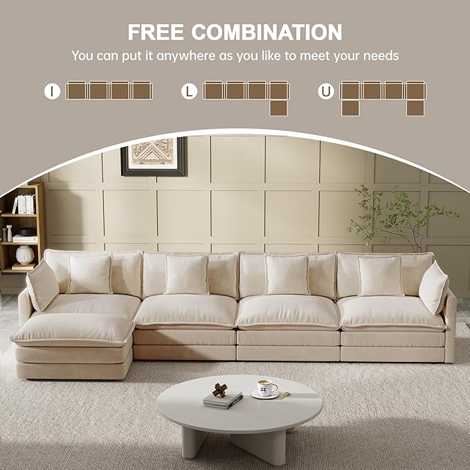 Modular Sectional Sofa, 146.5 Inch L-Shaped Cloud Sofa with Deep Seat Chenille Sofa with Cushions, Four Seater Sectional Sofa for Living Room Apartment,Light Coffee