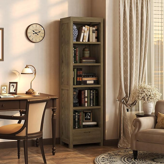 TVU 5-Tier Solid Wood Bookshelf with Drawers, 72-inch Tall Standing Bookcase, 17.7" Wide Open Display Shelf for Living Room, Study, Office Storage, Deep Wood Color
