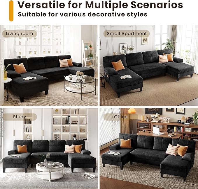 KKL Sectional Sofa Couch for Living Room, U Shaped Couch with Storage, Home Sofas with Chaise, Modern Comfy Couches for Apartment, Living Room Furniture, Chenille (Black, U Shape)