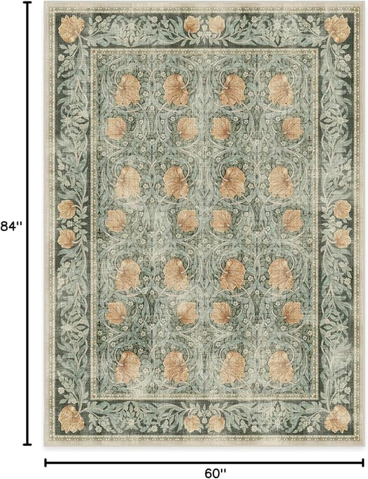 RUGGABLE x Morris & Co Washable Area Rug– Pimpernel Vintage Green 5x7, Stain-Resistant, Non-Slip – Medium Machine Washable Rugs for Living Room, Bedroom, Hallway, Entryway & Office–with Cushioned Pad