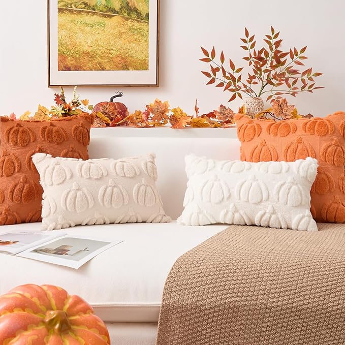 Kevin Textile Fall Pillow Covers 16x16 Inch Set of 2 Soft Pumpkins Decorative Square Pillowcases Plush Autumn Faux Fur Cushions Harvest Gift for Couch Sofa Chair Bedroom Home Decor, Rust