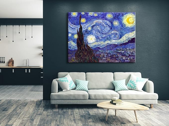 Wieco Art Starry Night Canvas Prints Wall Art by Van Gogh Classical Famous Artwork Huge Size Modern Blue Impressionist Sky Star Pictures Paintings for Living Room Bedroom Home Decorations