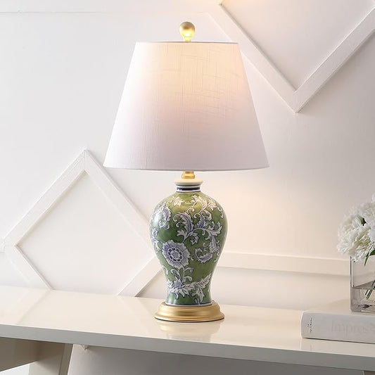 JONATHAN Y JYL3009F Grace 24" French Country Cottage Ceramic/Iron Floral Urn LED Table Lamp, Green/White for Bedroom, Living Room, Office, College