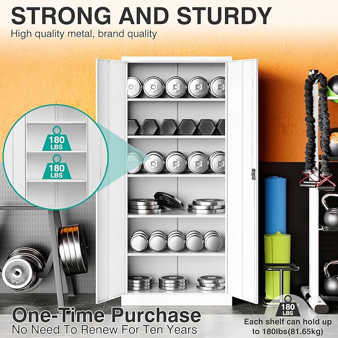 SISESOL Wide & Deep Metal Storage Storage Cabinet with 5 Adjustable Shelves,White Metal Cabinet with Lock,Steel Pantry Cabinets,72" Lockable Cabinets for Home,Office,Garage,Kitchen,Shop