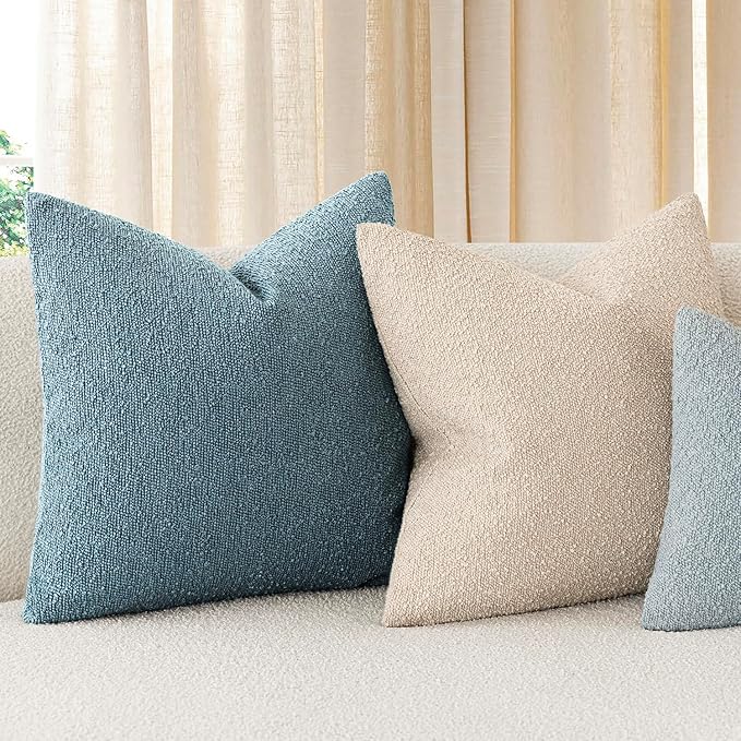 Foindtower Pack of 2 Textured Boucle Throw Pillow Covers Accent Solid Decorative Pillow Cases Cozy Woven Couch Cushion Case for Sofa Bedroom Living Room Home Decor 20x20 Inch Misty Blue