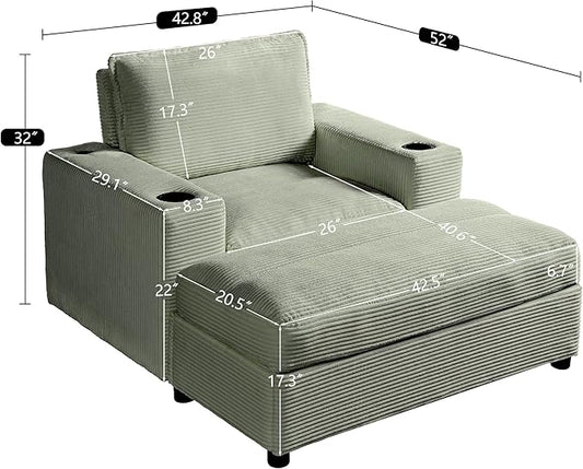 Christopher Knight Home Zoe Oversized Chaise Lounge Chair Indoor with Cup Holders & USB Charging Port, Corduroy Upholstered Sofa Bed + Ottoman with Storage, Comfy Deep Seat Sleeper Sofa Chair, Green