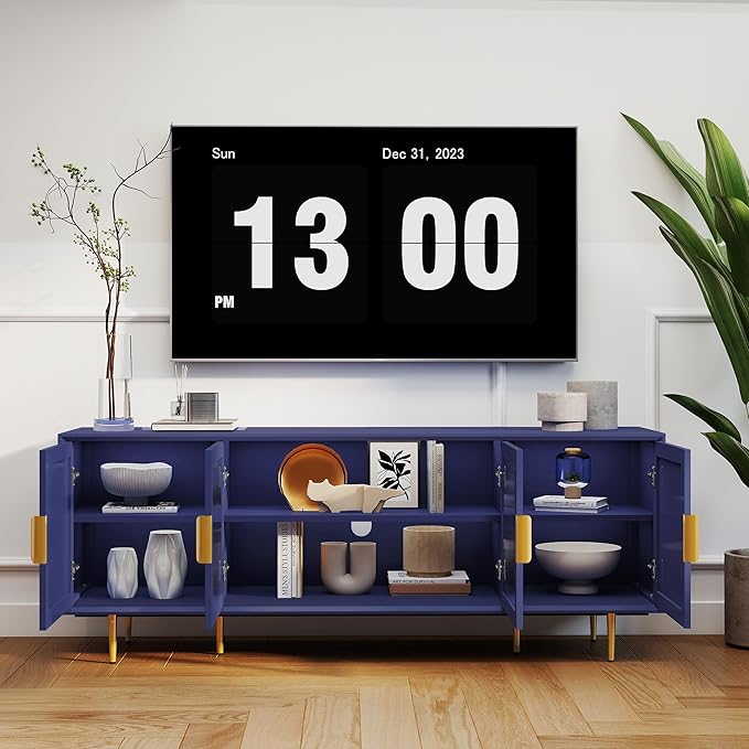 66" Modern TV Stand for TVs up to 75",TV Cabinet with Glass Door,Entertainment Center with Storage,Television Stands with Gold Legs,Media Console for Bedroom,Living Room,Blue