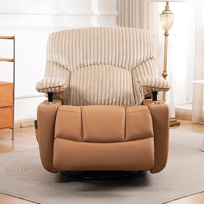 GRAINELL Rocking Chair Nursery, Electric Swivel Recliner Glider with Adjustable Armrests, Nursing Chair with USB Charger, Cup & Blanket Holders, Brown Corduroy & PU Leather