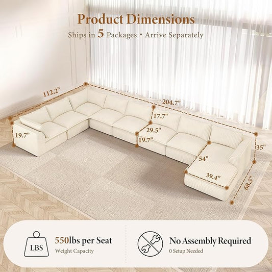 Vesgantti 204.7" Oversized Sectional Boneless Couch, Modern 9 Seater Modular Sofa with Chaise, Deep Seat Convertible Plush Corduroy Cloud Couches for Living Room, No Assembly Required, Beige