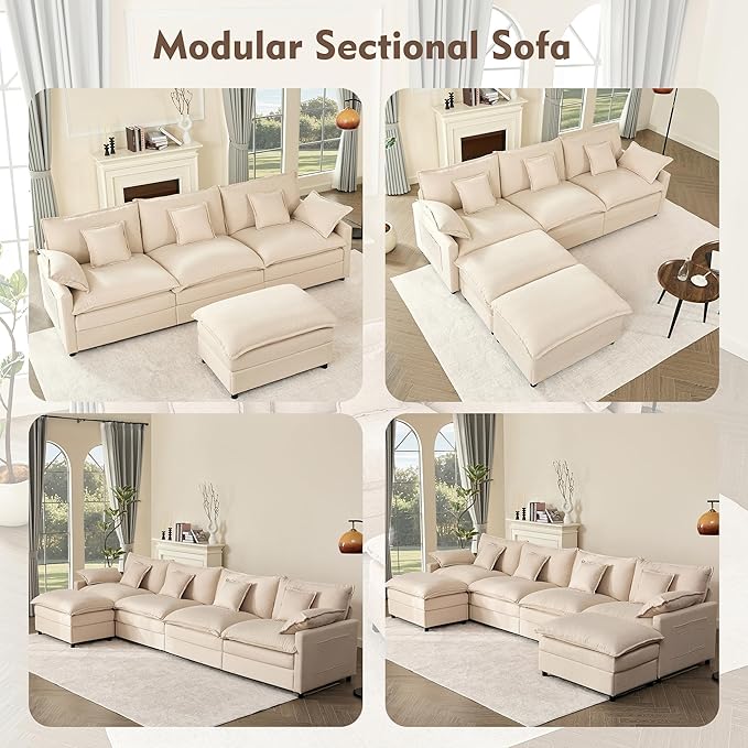 142.5" U Shaped Couch, Modular Sectional Sofa, 3-Seater Comfy Cloud Couch with Movable Ottoman, Deep Seat Couches for Living Room, Linen, Beige