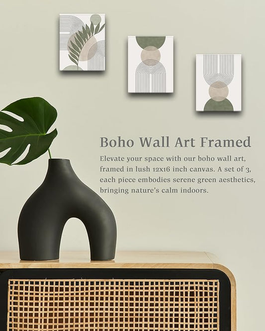 30x40CM Sage Green Boho Wall Art,Framed Canvas Bathroom Wall Art Pictures, Mid-Century Modern Wood Framed Abstract Prints for Bedroom,Minimalist Office Wall Decor 3Pack