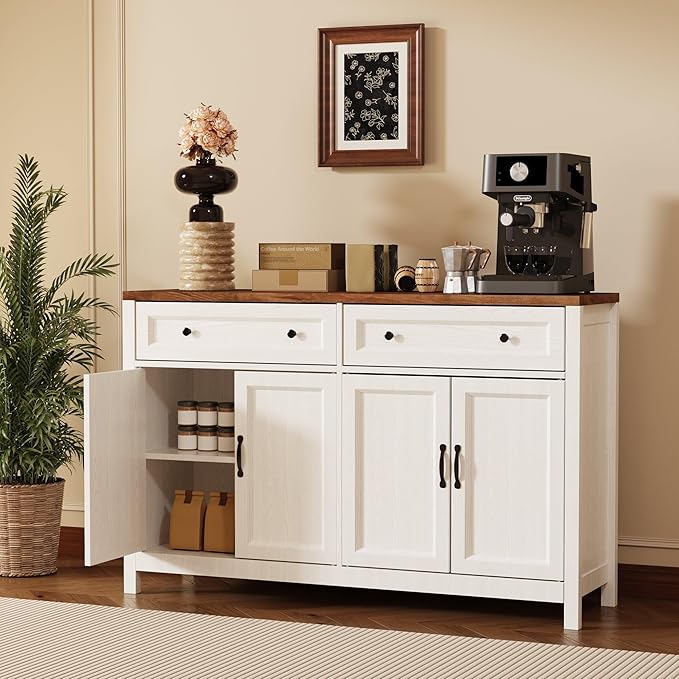 Gizoon Farmhouse Kitchen Sideboard Buffet Cabinet with Storage, Wood Coffee Bar and Storage Sideboard with Drawers and Doors for Kitchen, Dining Room, 15.7" D x 55.1" W x 35.3" H, White/Rustic Brown
