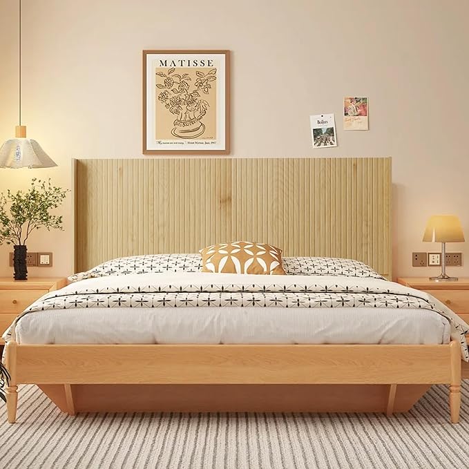Wood Headboard, 64.5" Wide Headboard for Queen Size Bed, Wall Mounted Fluted Panel, Wingback Modern Headboards,(Oak,Queen)