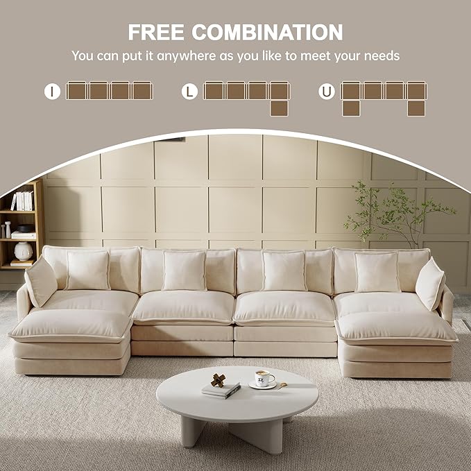 Modular Sectional Sofa, 146.5 Inch U-Shaped Cloud Sofa with Deep Seat Chenille Sofa with Cushions, Four Seater Sectional Sofa for Living Room Apartment,Light Coffee