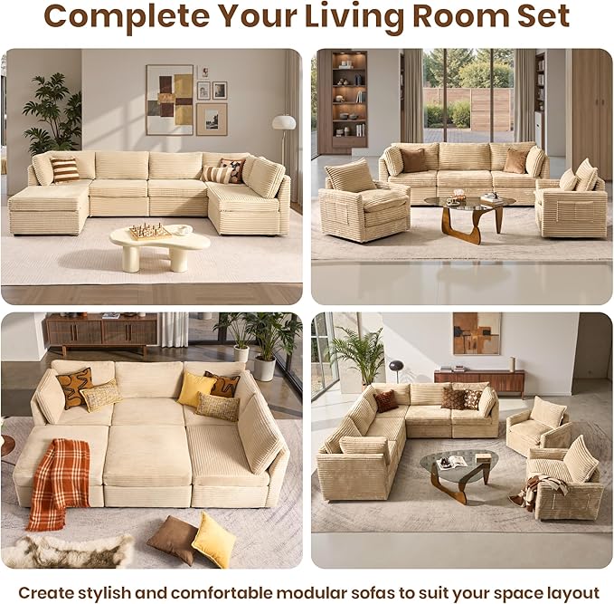 130'' Modern Modular Sectional Sofa,5 Seats Cloud Comfort Corduroy Fluffy Couch,L Shaped Convertible Sofa Couch for Living Room,Beige