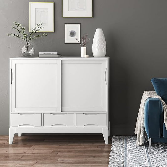 SIMPLIHOME Harper Medium Storage Cabinet - 48 inch Wide Solid Hardwood Sliding Door Cabinet in White, Mid-Century Modern Cupboard for Living Room or Entryway with 3 Drawers and Tapered Legs