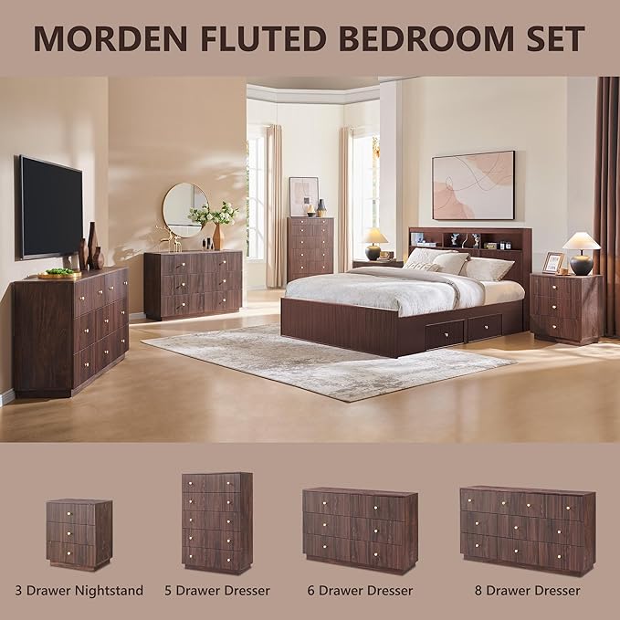 Fluted Dresser for Bedroom, 48" H 7 Drawer Dressers, Wood Tall Dresser Storage Organizer, Modern Bedroom Chest with Deep Storage for Closet Hallway, Entryway, Living Room, Brown