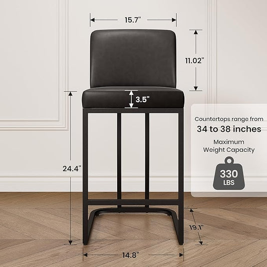 PHI VILLA Dark Grey Bar Stools Set of 3, Faux Leather Counter Height Chairs, Kitchen Stools for Island, 24 Inch Barstools with Back