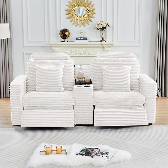 Power Reclining Sectional Sofa, Electric Loveseat Recliner with Storage Console and USB Ports, Plush Corduroy Fluffy Reclining Loveseat Couch Adjustable Headrest, 2 Seat Sofa for Living Room-White