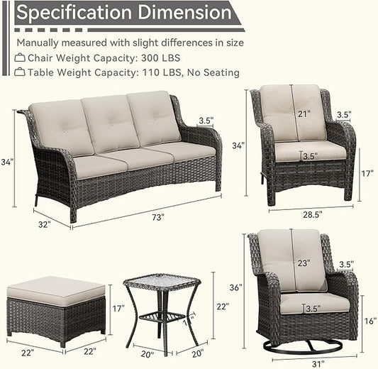 Wicker Patio Furniture Set 8-PCS with A 3-Seat Sofa, 2 Swivel Rocking Chairs, 2 Armchairs, 2 Ottomans and 1 Side Table Patio Conversation Set, Beige