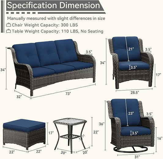 Wicker Patio Furniture Set 8-PCS with A 3-Seat Sofa, 2 Swivel Rocking Chairs, 2 Armchairs, 2 Ottomans and 1 Side Table Patio Conversation Set, Blue