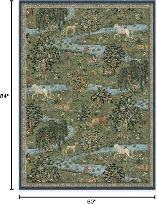 RUGGABLE x Morris & Co Washable Area Rug – Owl & Willow Green 5x7, Stain-Resistant, Non-Slip – Medium Machine Washable Rugs for Living Room, Bedroom, Hallway, Entryway & Office–with Cushioned Pad