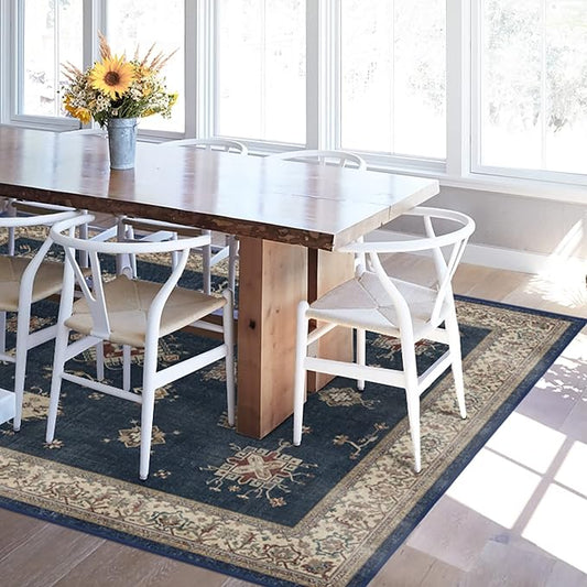 RUGGABLE Washable Vintage Area Rug – Verena Sapphire 5x7, Stain-Resistant, Non-Slip – Medium Machine Washable Rugs for Living Room, Bedroom, Hallway, Entryway & Office–with Cushioned Pad