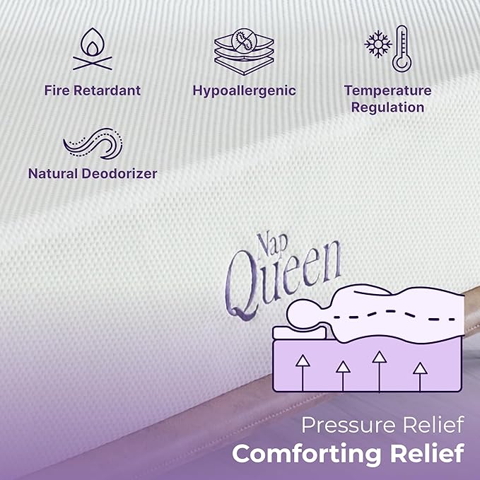 NapQueen 10 Inch Queen Size Mattress, Bamboo Charcoal Memory Foam Mattress, Bed in a Box, White