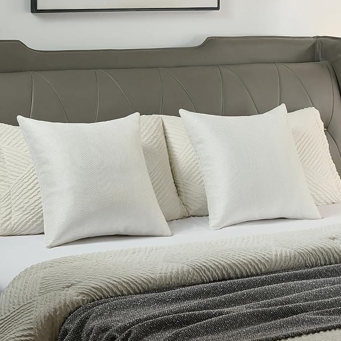 FUTEI Cream White Chenille Throw Pillow Covers 18x18 Inch Set of 2,Soft Wide Chevron Textured Cushion Case,Farmhouse Home Decor for Couch Bed Living Room