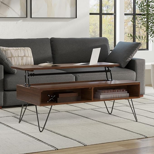 SIMPLIHOME Hunter Lift Top Coffee Table - 48 inch Wide Solid Walnut Veneer and Metal Industrial Cocktail Table, Functional Living Room Table with 2 Storage Cubbies and Hairpin Legs