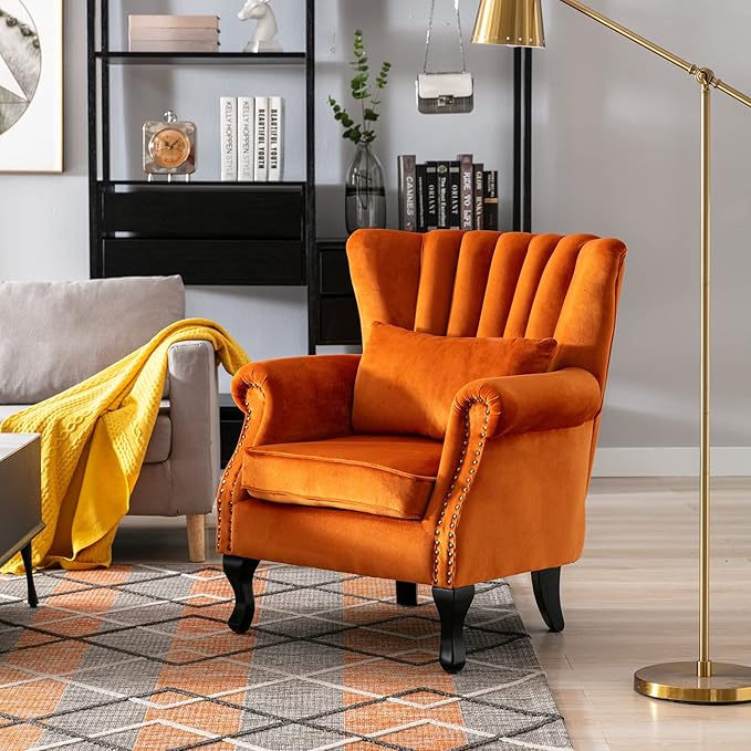 Accent Reading Arm Chairs Midcentury Modern Comfy Corner Sofa Chair, Wingback Waiting Room Club Chair with Tufted Back for Living Room/Bedroom/Reception Room, Velvet Orange