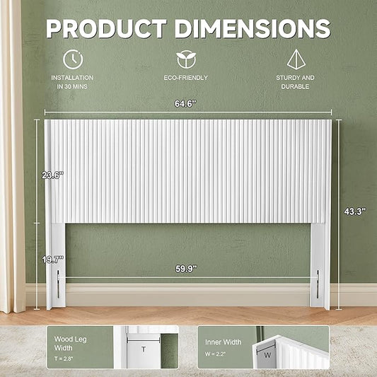 Wood Headboard Queen Size, 64.6" Wide Wooden Queen Headboard Only, Wingback Boho Headboards, Modern Farmhouse Headboards, Wall Mounted Fluted Panel, Snow White