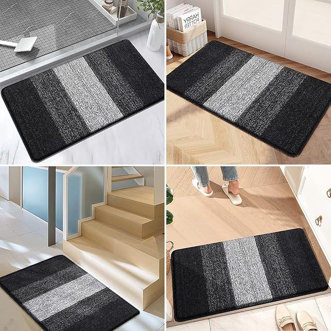 Kitinjoy Indoor Outdoor Door Mat, 48x30 Non-Slip Absorbent Dirt Trapper, Low-Profile Washable Inside Entrance Front Floor Mat, Sturdy Soft Entry Doormats for Entryway, Black