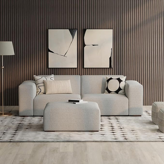 SIMPLIHOME Rex Modular Sofa and Ottoman Set in 100% Recycled Polyester Tightly Woven Performance Fabric, Pale Grey, 88-inch-Wide 2-Seater Couch and Matching 34-inch-Wide Table Ottoman for Living Room