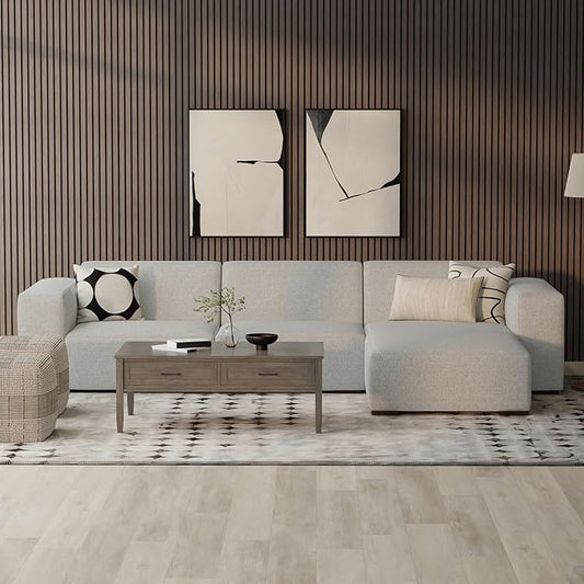 SIMPLIHOME Rex Right-Facing Modular Sectional Sofa in 100% Recycled Polyester Tightly Woven Performance Fabric, Pale Grey, 102-inches Wide, 4-Seater L-Shaped Couch with Right Chaise for Living Room