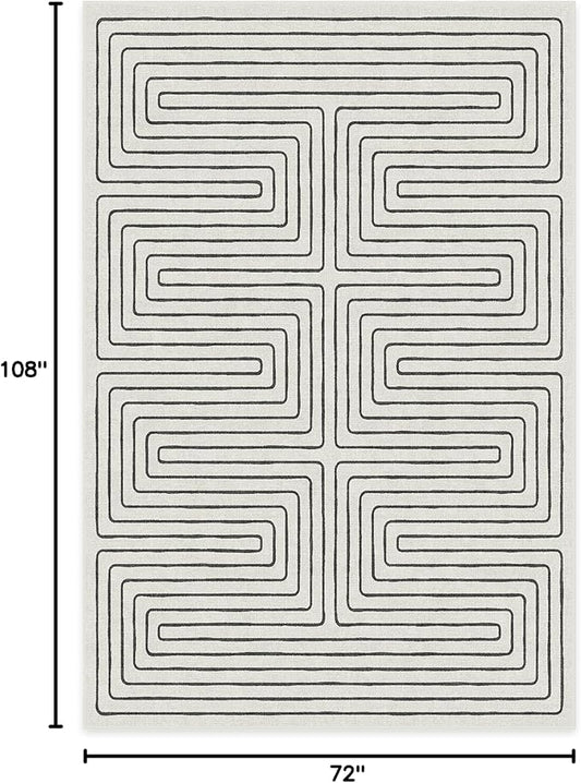 RUGGABLE x Jonathan Adler Machine Washable Modern Area Rug – Labyrinth Black/Ivory 6x9, Stain-Resistant, Non-Slip – Medium Rugs for Living Room, Bedroom, Hallway, Entryway & Office–with Standard Pad