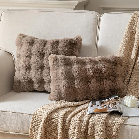 Pack of 2 Thick Plush Throw Pillow Covers Fluffy Wave Faux Fur Decorative Cushion Covers Soft Wool Pillowcase for Sofa Couch Livingroom 12x20 Inch Taupe