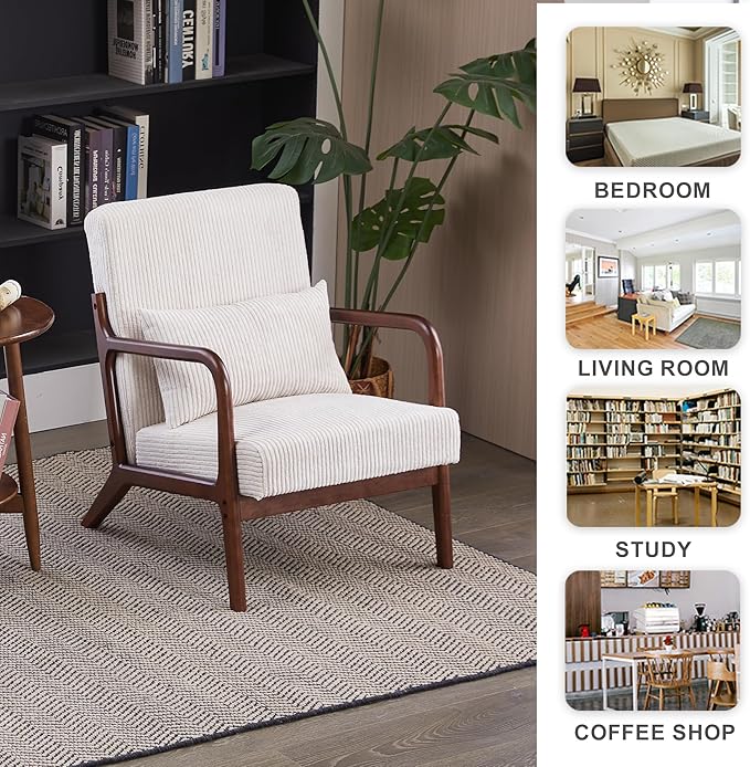 Accent Chairs, Mid-Century Modern Chair with Pillow, Armchair with Solid Wood, Reading Relaxing Leisure Chair for Living Room(Beige/Walnut)