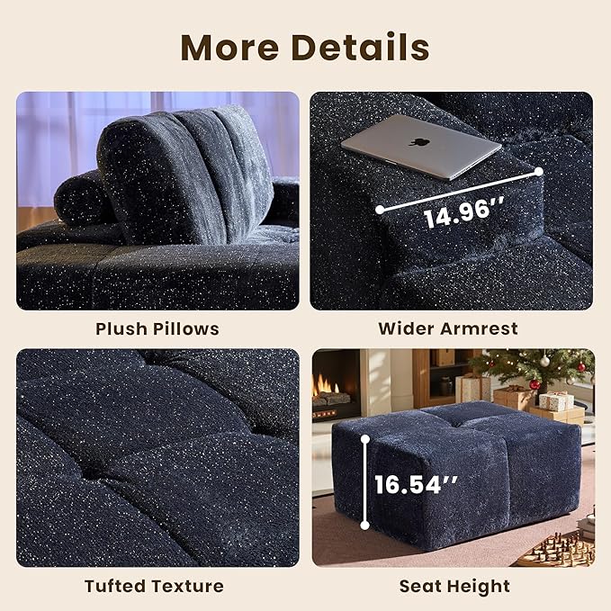 114" Glitter Cloud Sectional Couch with L-Shape Chaise & Ottoman, Modern Boneless Couches for Living Room, Fluffy Tufted Deep Seat Modular Sofa No Assembly (Blue Sparkly Velvet,Left Facing)