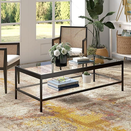 Henn&Hart 54" Wide Rectangular Rectangular Coffee Table in Blackened Bronze, Modern Rectangular Coffee Tables for living room, studio apartment essentials