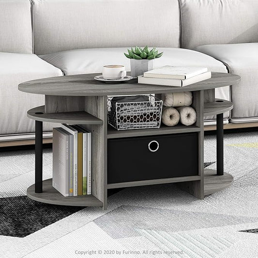 Furinno Jaya Oval Coffee Table, French Oak Grey/Black/Black