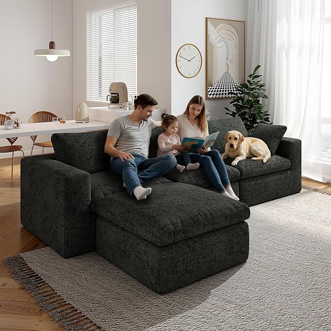 108.3" Cloud Sectional Couches for Living Room, L-Shape Couch with Ottoman, 3 Seater Modular Sectional Sofa with Deep Seats for Bedroom Office